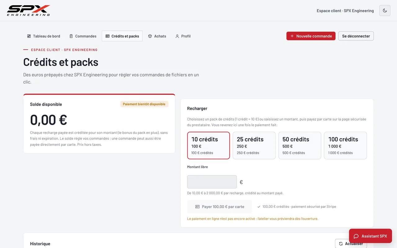 Écran « Crédits et packs » du logiciel SPX Engineering, sur ordinateur.