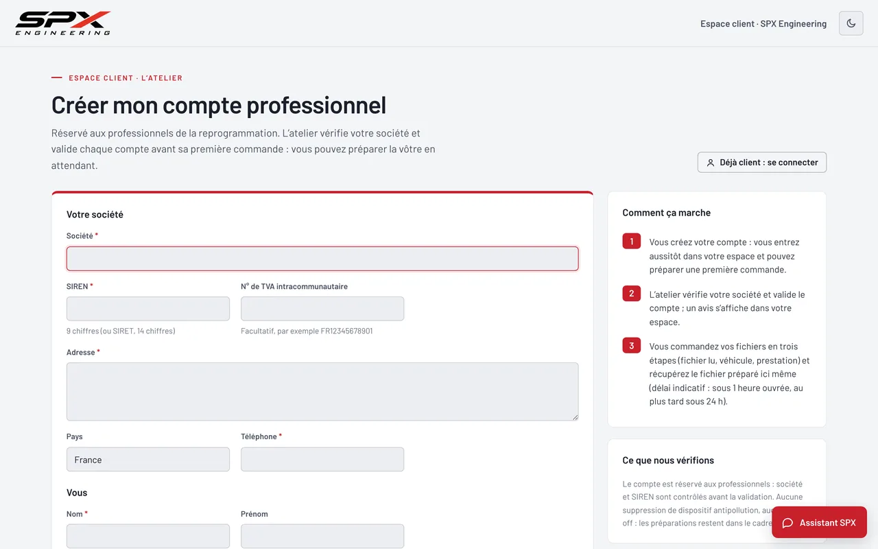 Écran « Créer son compte professionnel » du logiciel SPX Engineering, sur ordinateur.