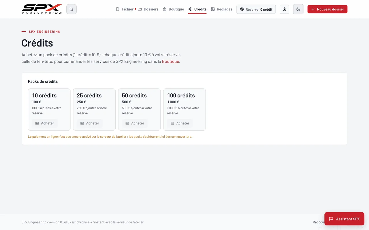 Écran « Les packs de crédits » du logiciel SPX Engineering, sur ordinateur.