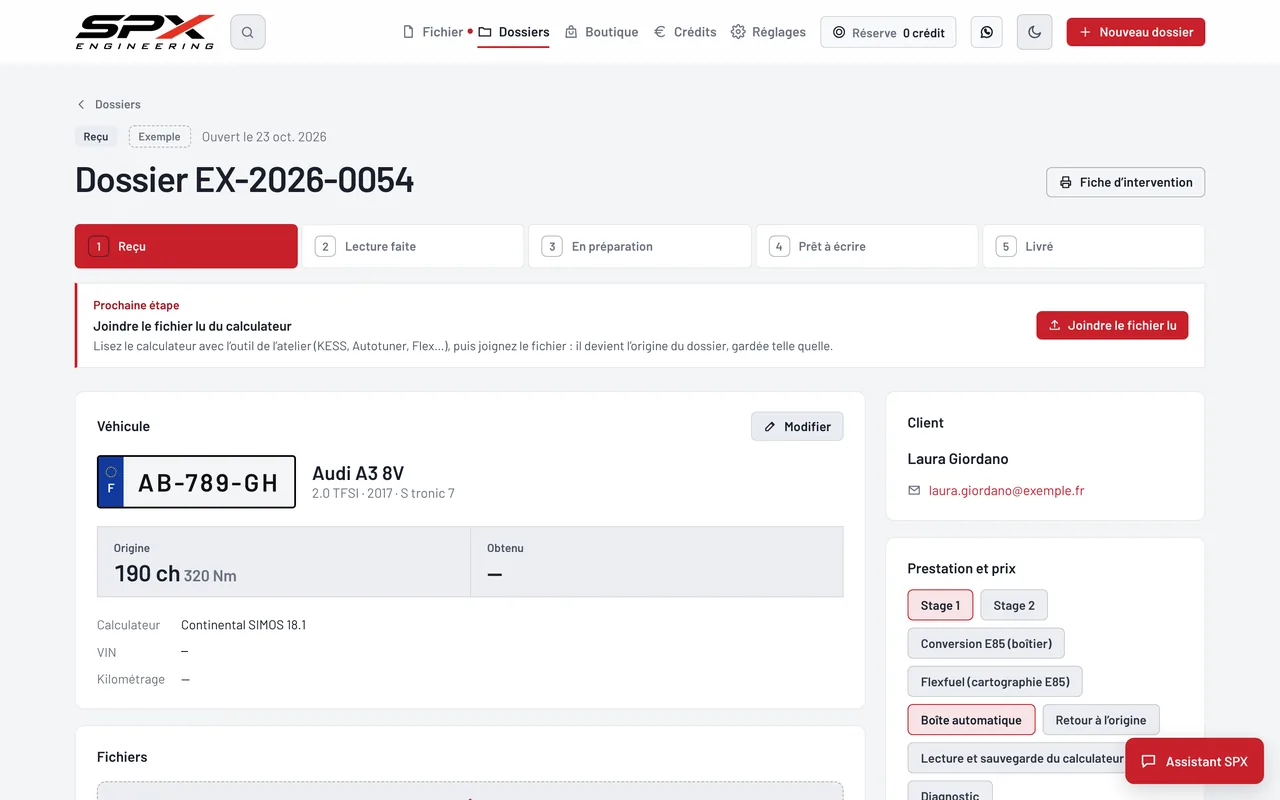 Écran « Un dossier » du logiciel SPX Engineering, sur ordinateur.