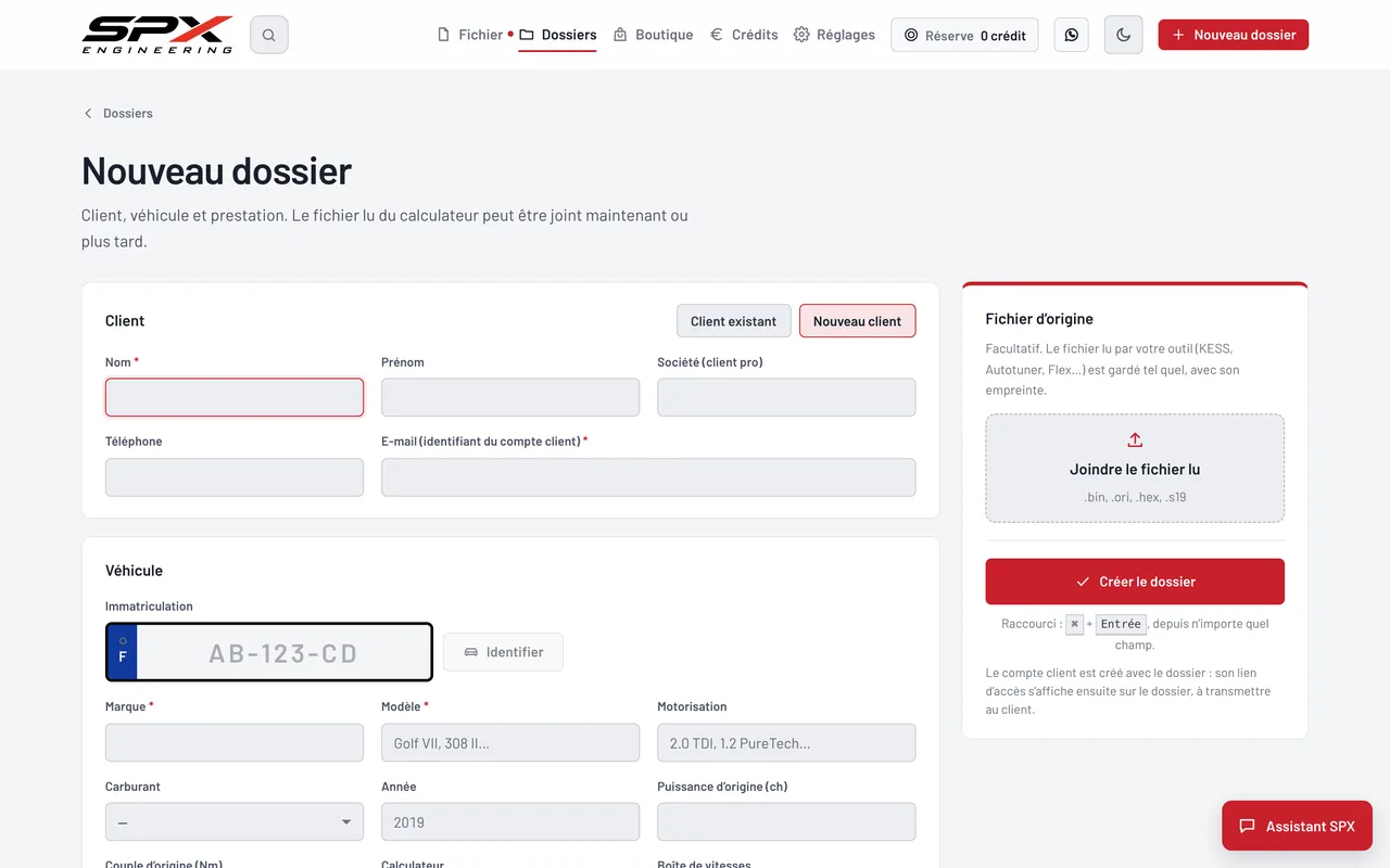 Écran « Nouveau dossier » du logiciel SPX Engineering, sur ordinateur.