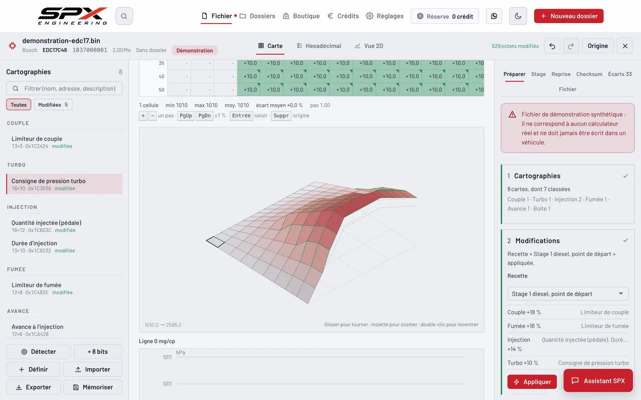 Écran « La surface en trois dimensions » du logiciel SPX Engineering, sur ordinateur.