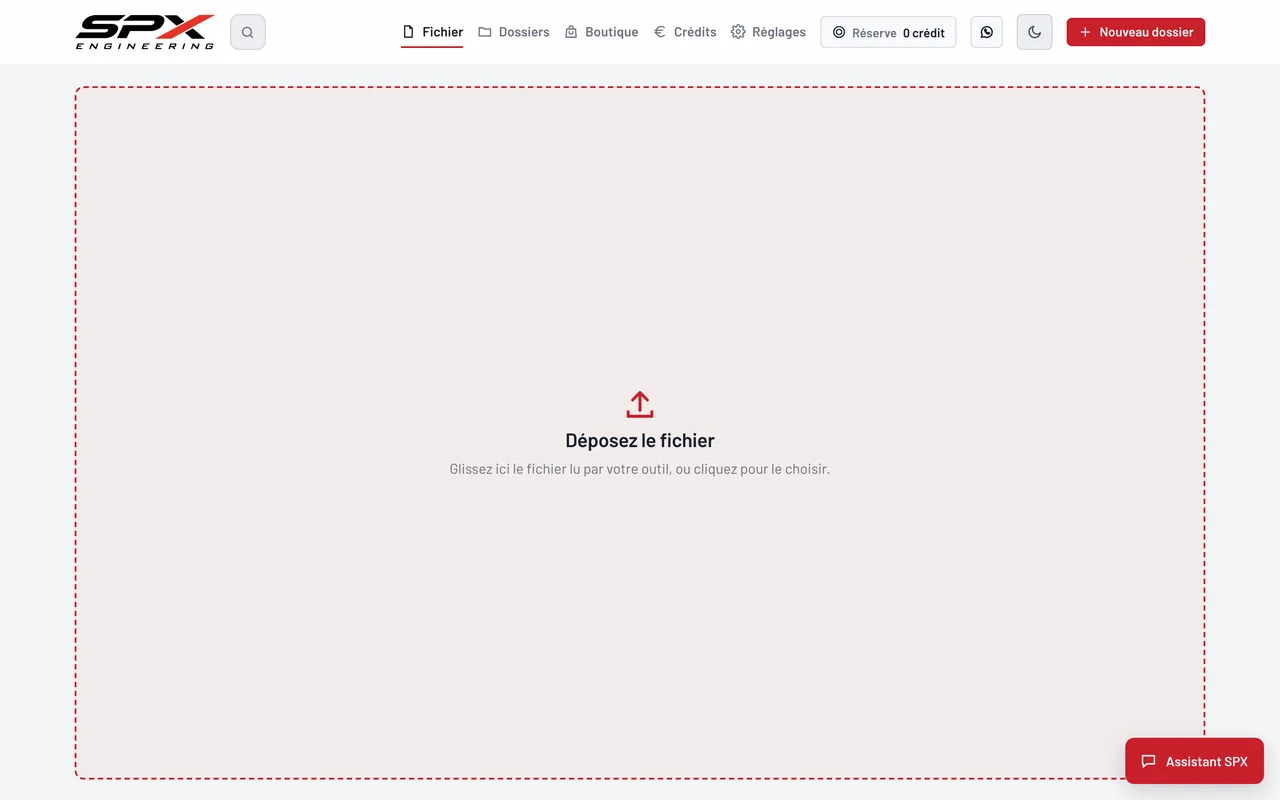 Écran « Déposez le fichier » du logiciel SPX Engineering, sur ordinateur.