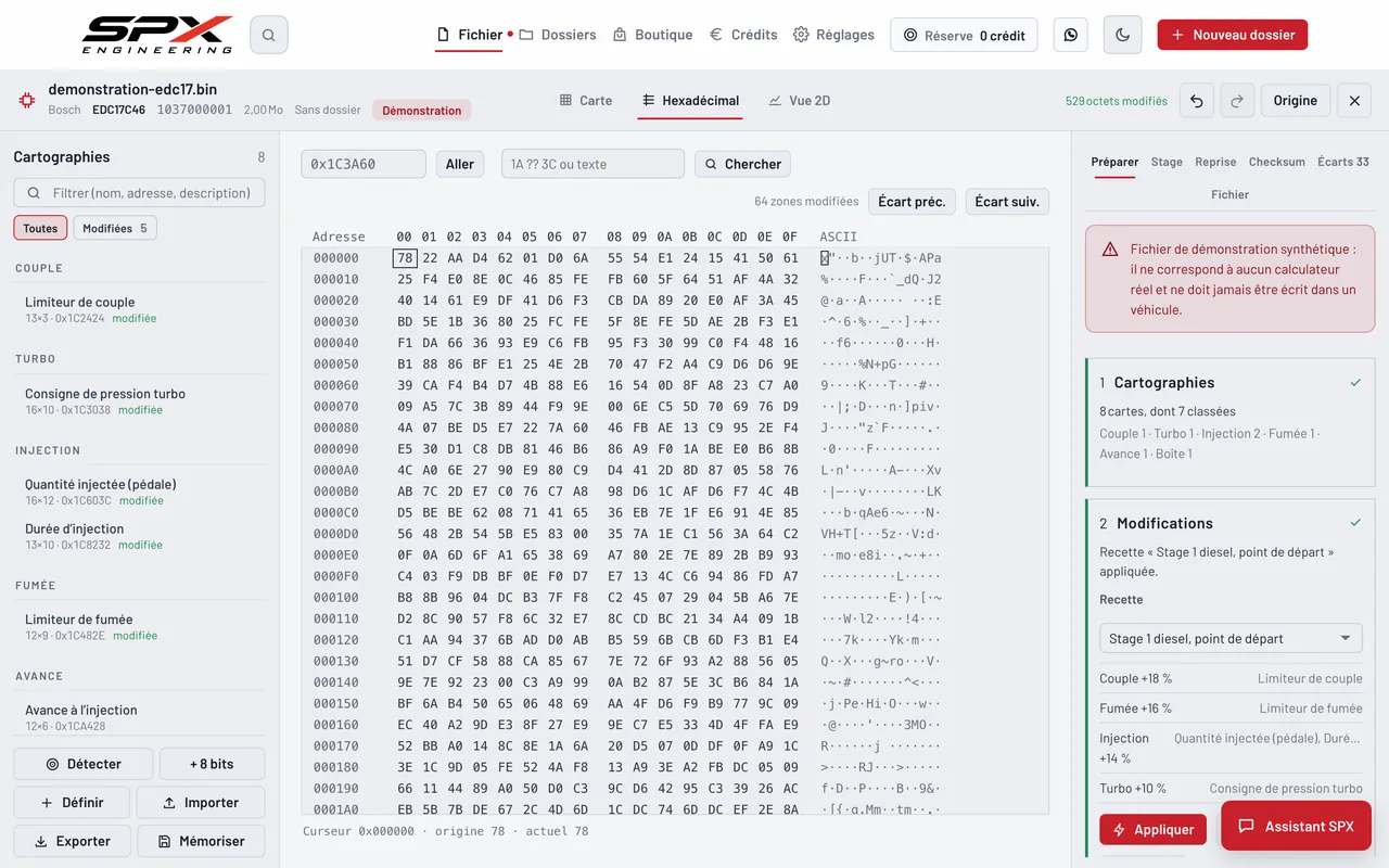 Écran « Hexadécimal » du logiciel SPX Engineering, sur ordinateur.