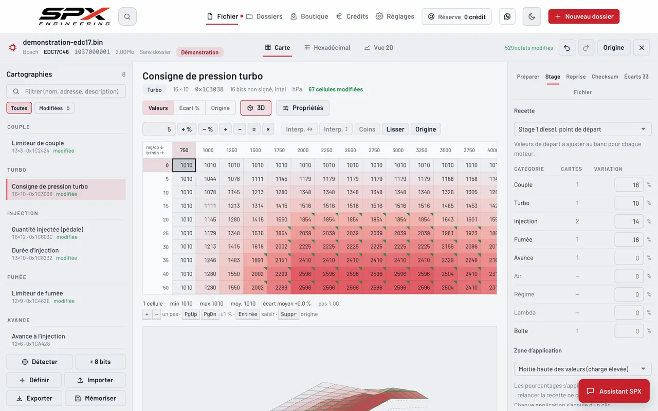 Écran « Les recettes Stage » du logiciel SPX Engineering, sur ordinateur.