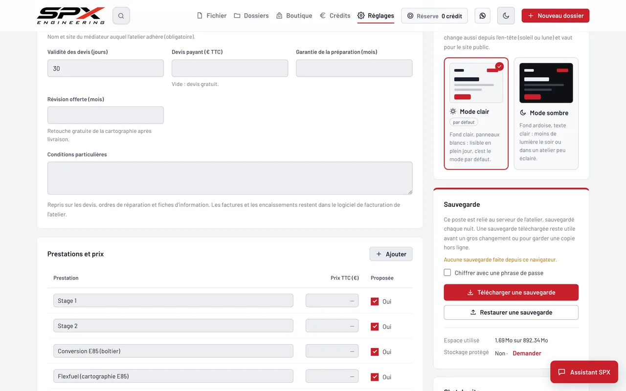 Écran « Apparence, dans les Réglages » du logiciel SPX Engineering, sur ordinateur.