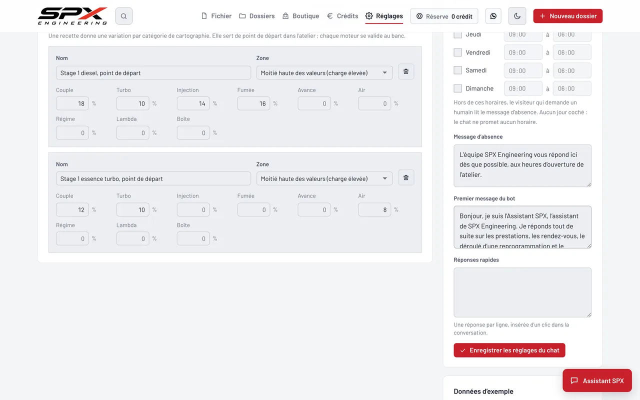 Écran « Les recettes Stage » du logiciel SPX Engineering, sur ordinateur.