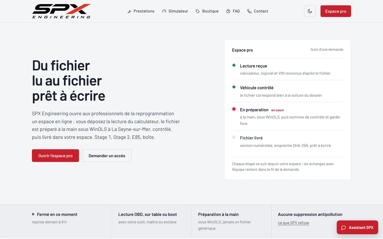 Écran « L’accueil » du logiciel SPX Engineering, sur ordinateur.