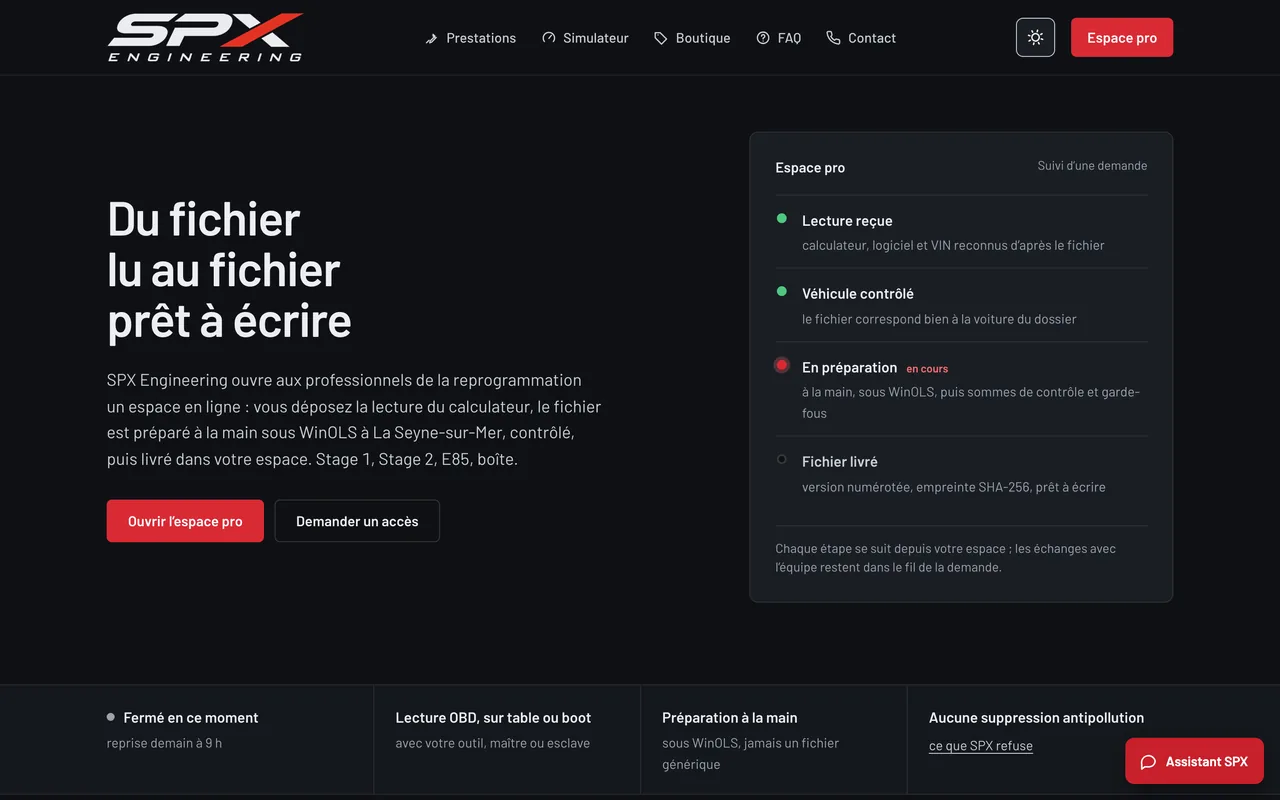 Écran « L’accueil, en mode sombre » du logiciel SPX Engineering, sur ordinateur.
