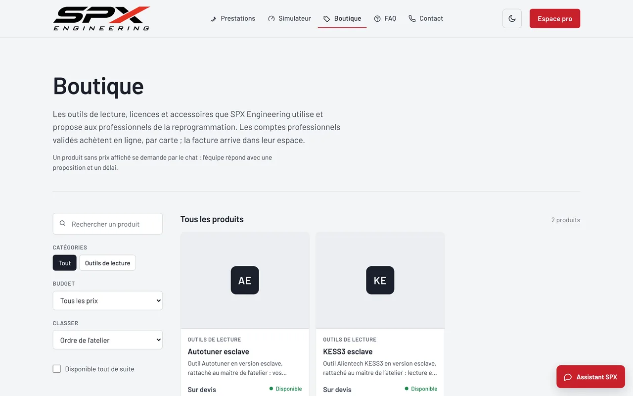 Écran « La boutique du site » du logiciel SPX Engineering, sur ordinateur.