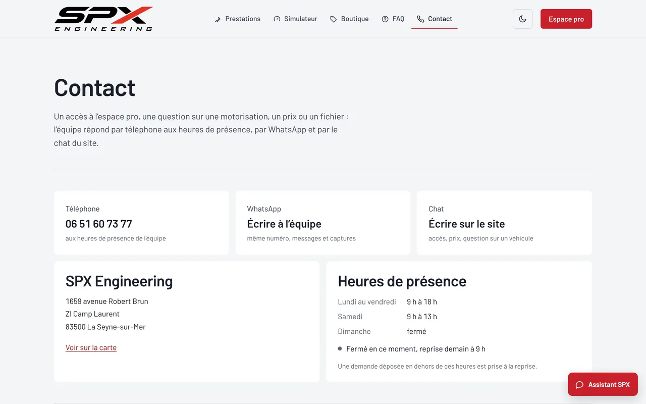 Écran « Contact » du logiciel SPX Engineering, sur ordinateur.