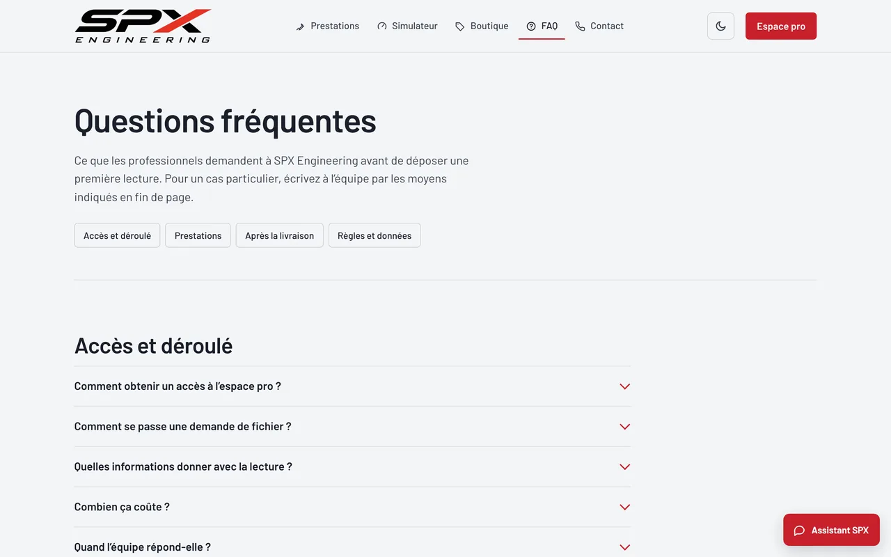 Écran « FAQ » du logiciel SPX Engineering, sur ordinateur.