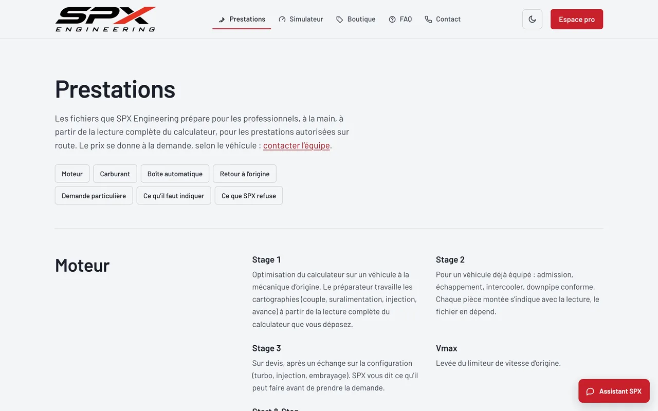 Écran « Prestations » du logiciel SPX Engineering, sur ordinateur.