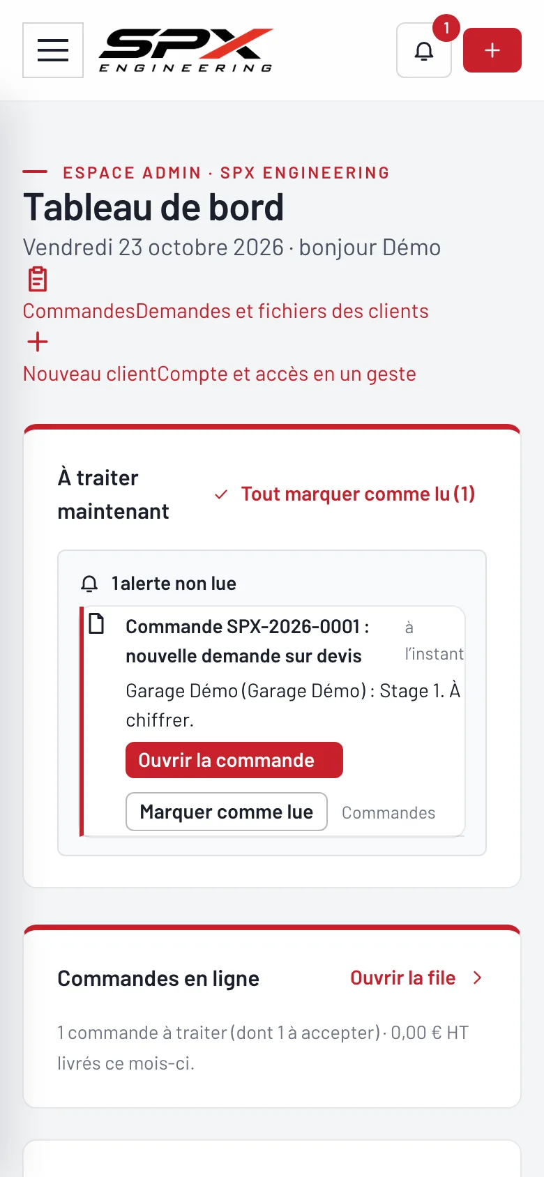 Écran « Le tableau de bord » du logiciel SPX Engineering, sur téléphone.