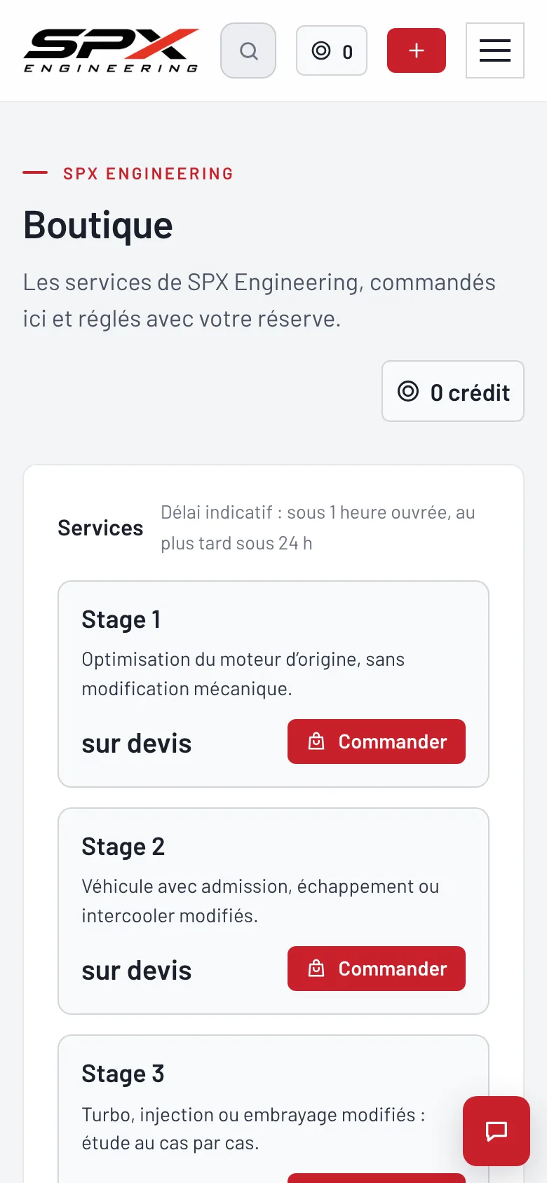 Écran « La Boutique » du logiciel SPX Engineering, sur téléphone.