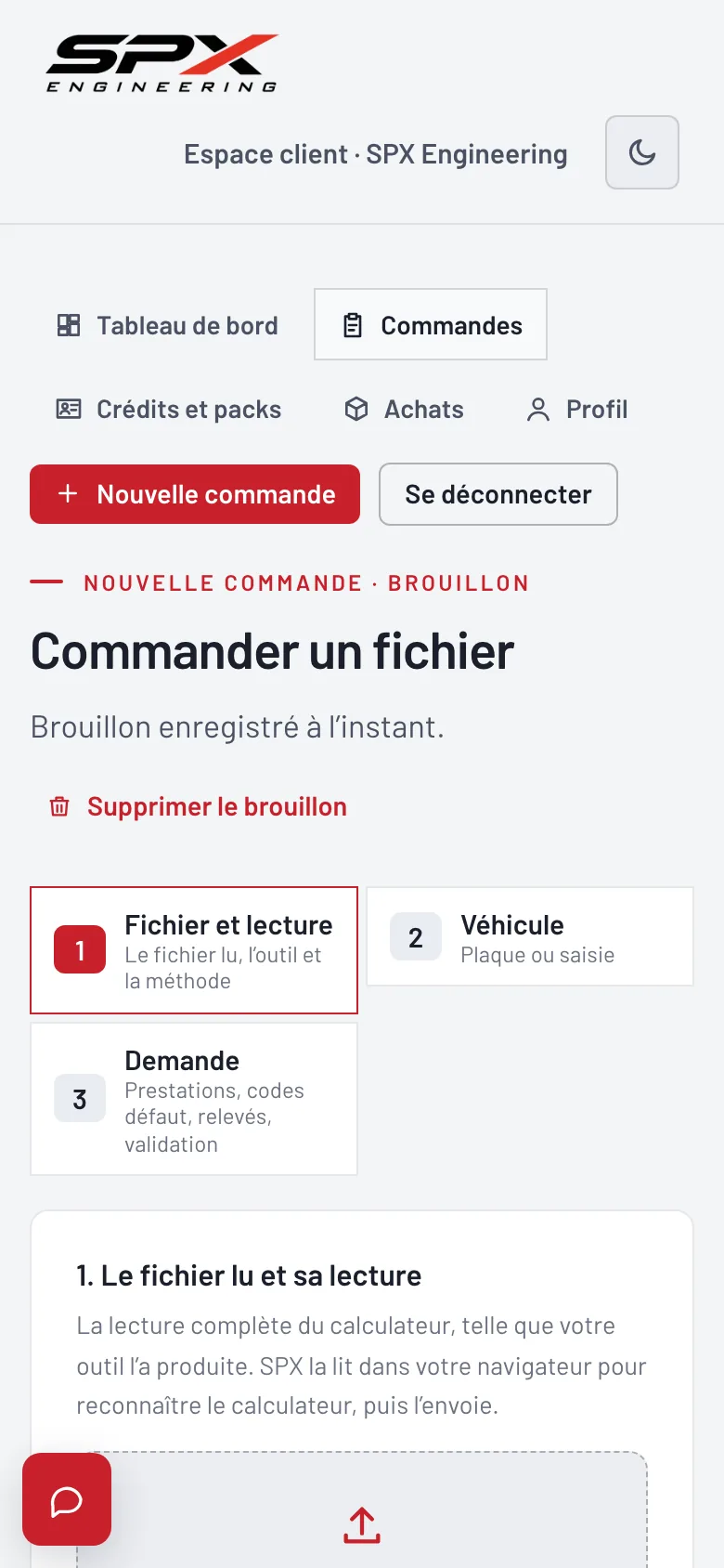 Écran « Commander un fichier » du logiciel SPX Engineering, sur téléphone.