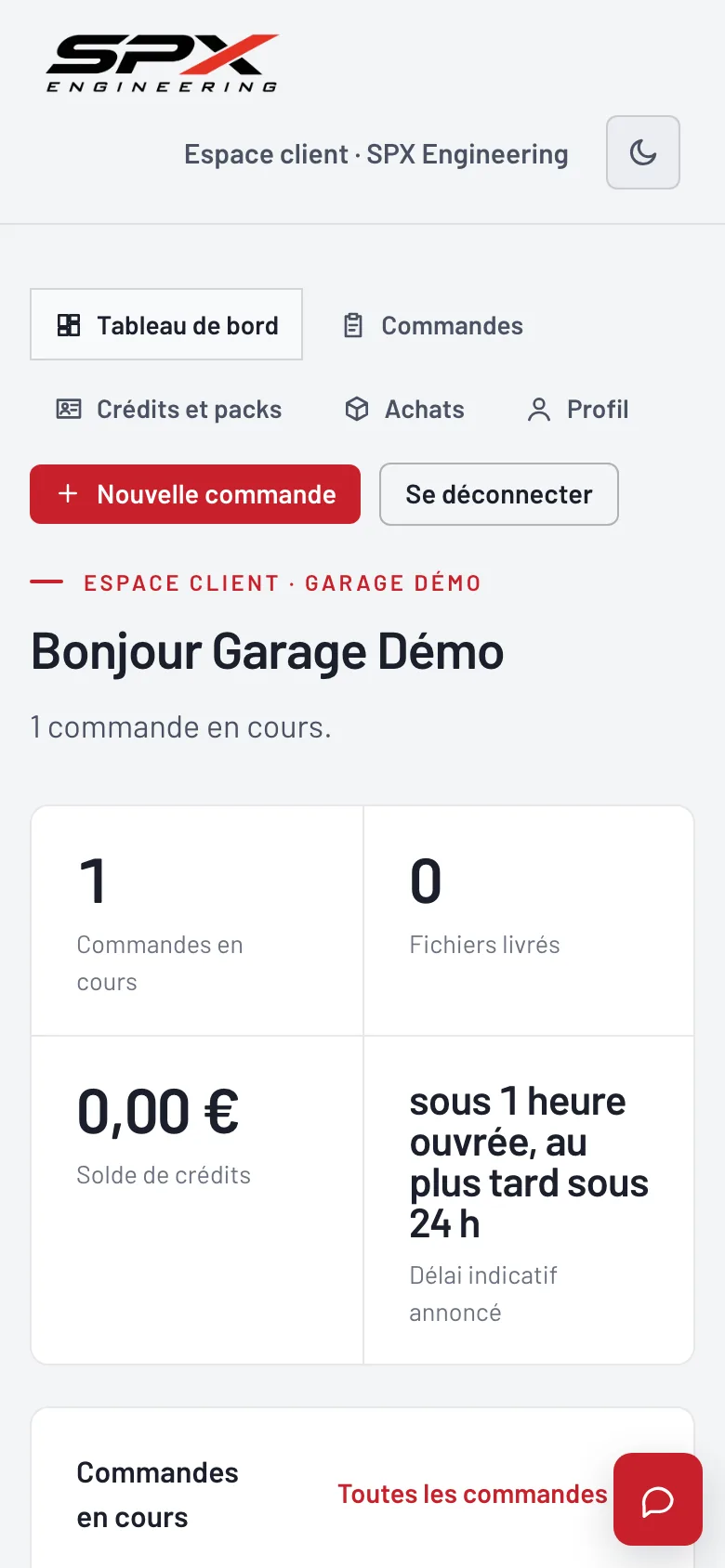 Écran « Le tableau de bord » du logiciel SPX Engineering, sur téléphone.