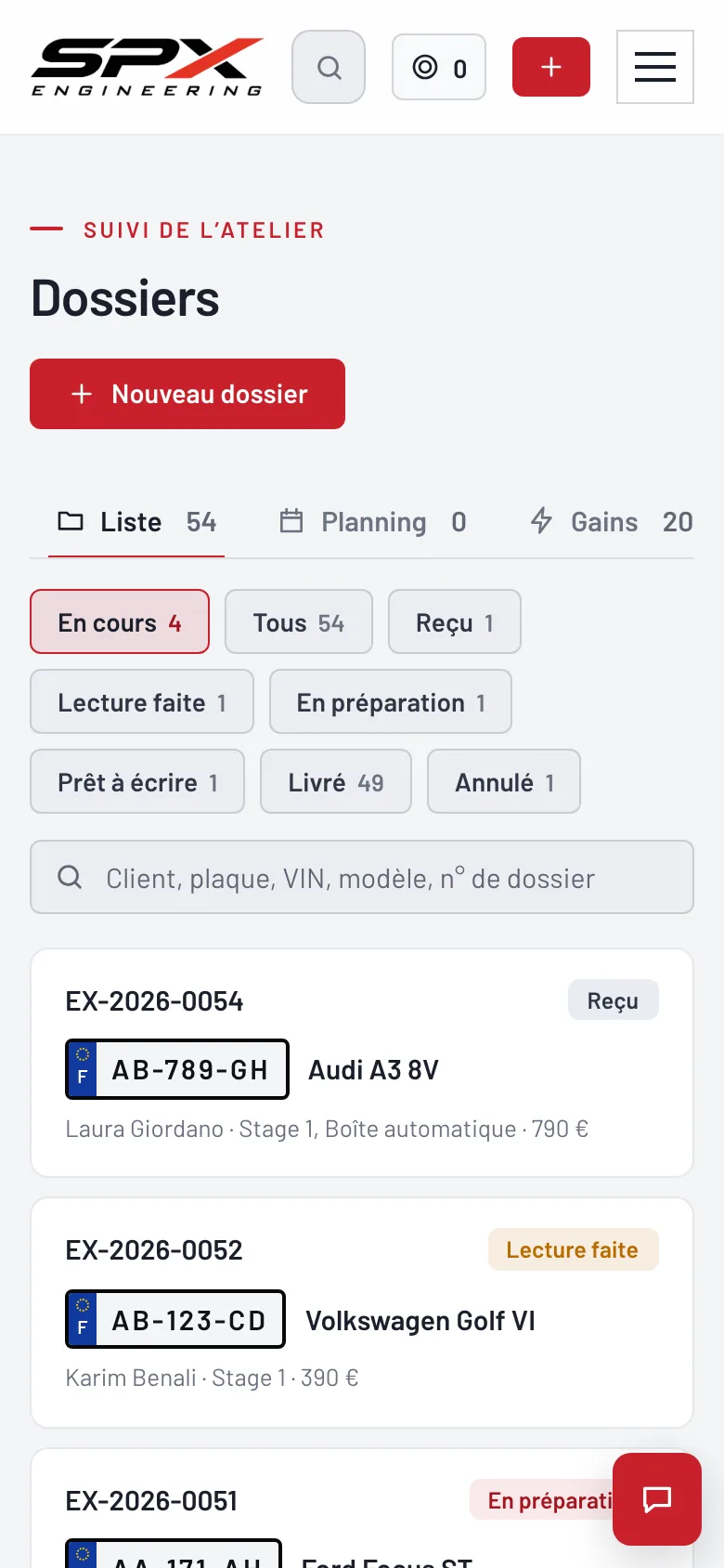 Écran « Les dossiers » du logiciel SPX Engineering, sur téléphone.