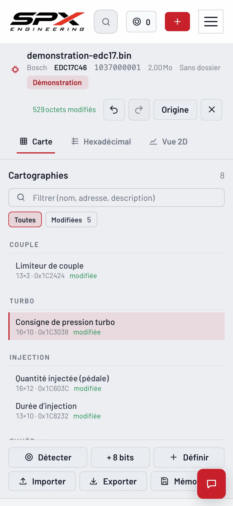Écran « L’écran Fichier » du logiciel SPX Engineering, sur téléphone.