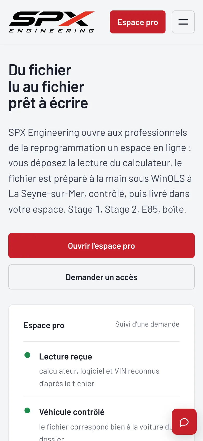 Écran « L’accueil » du logiciel SPX Engineering, sur téléphone.