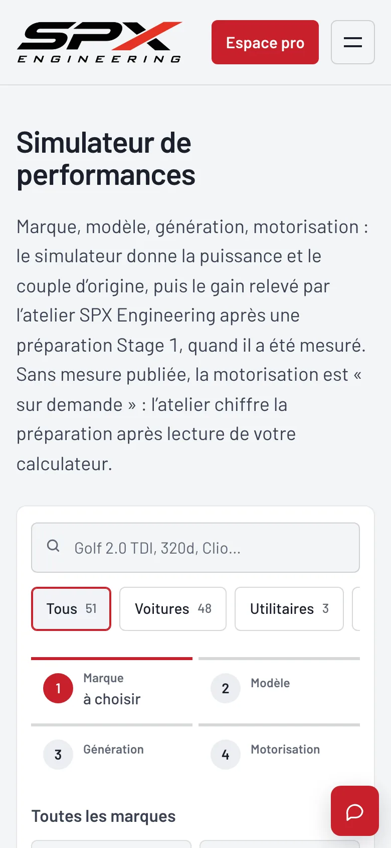 Écran « Le simulateur » du logiciel SPX Engineering, sur téléphone.